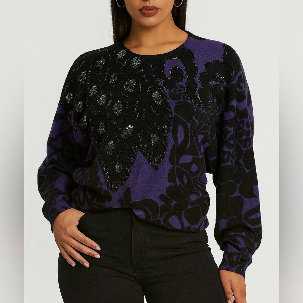Eminent Vintage Lambswool Sweater Purple Black Floral Sequin Beaded M